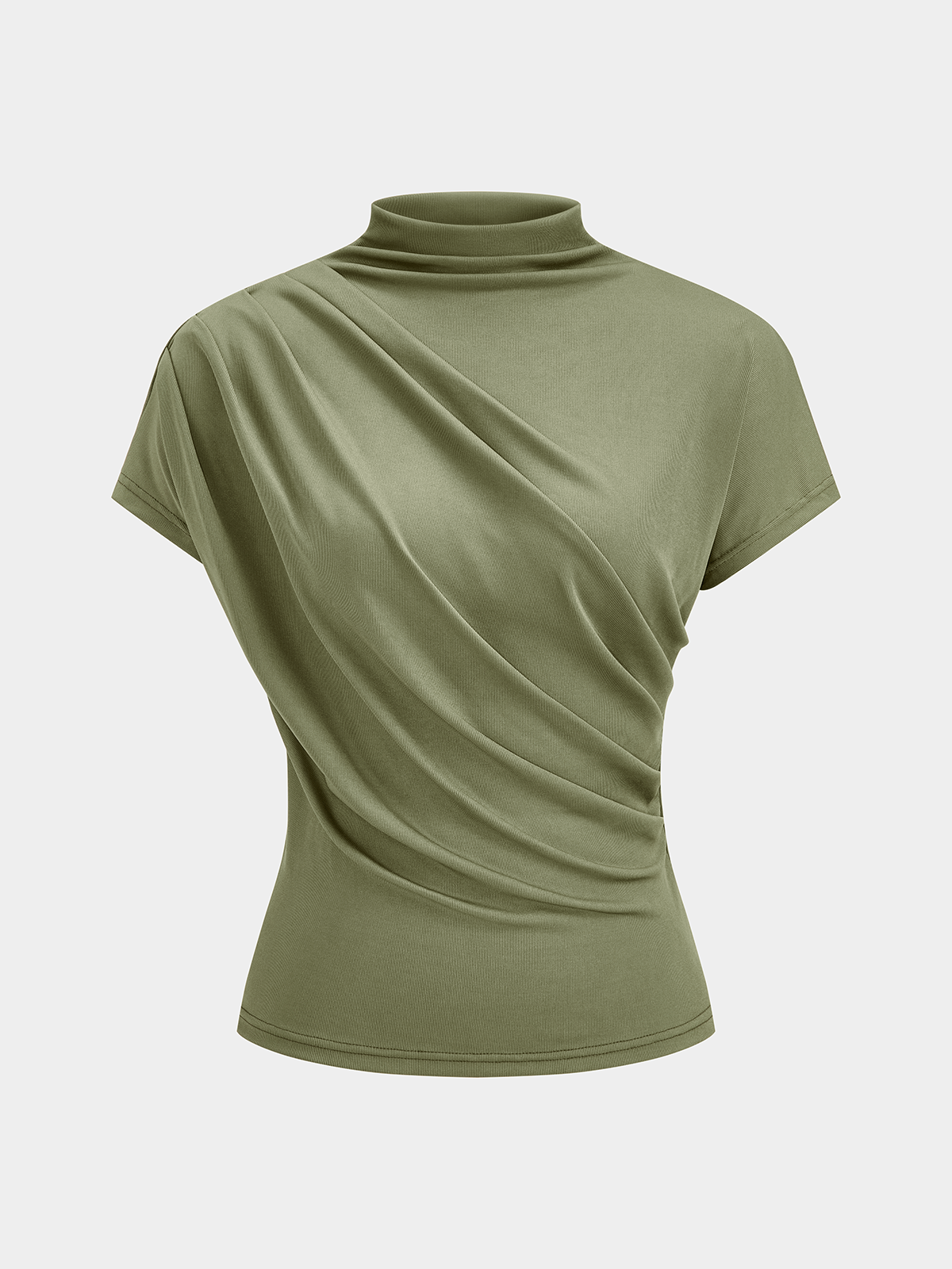 Light green LA FINE FLEUR mock neck top with short sleeves, ruching, and dramatic draping.