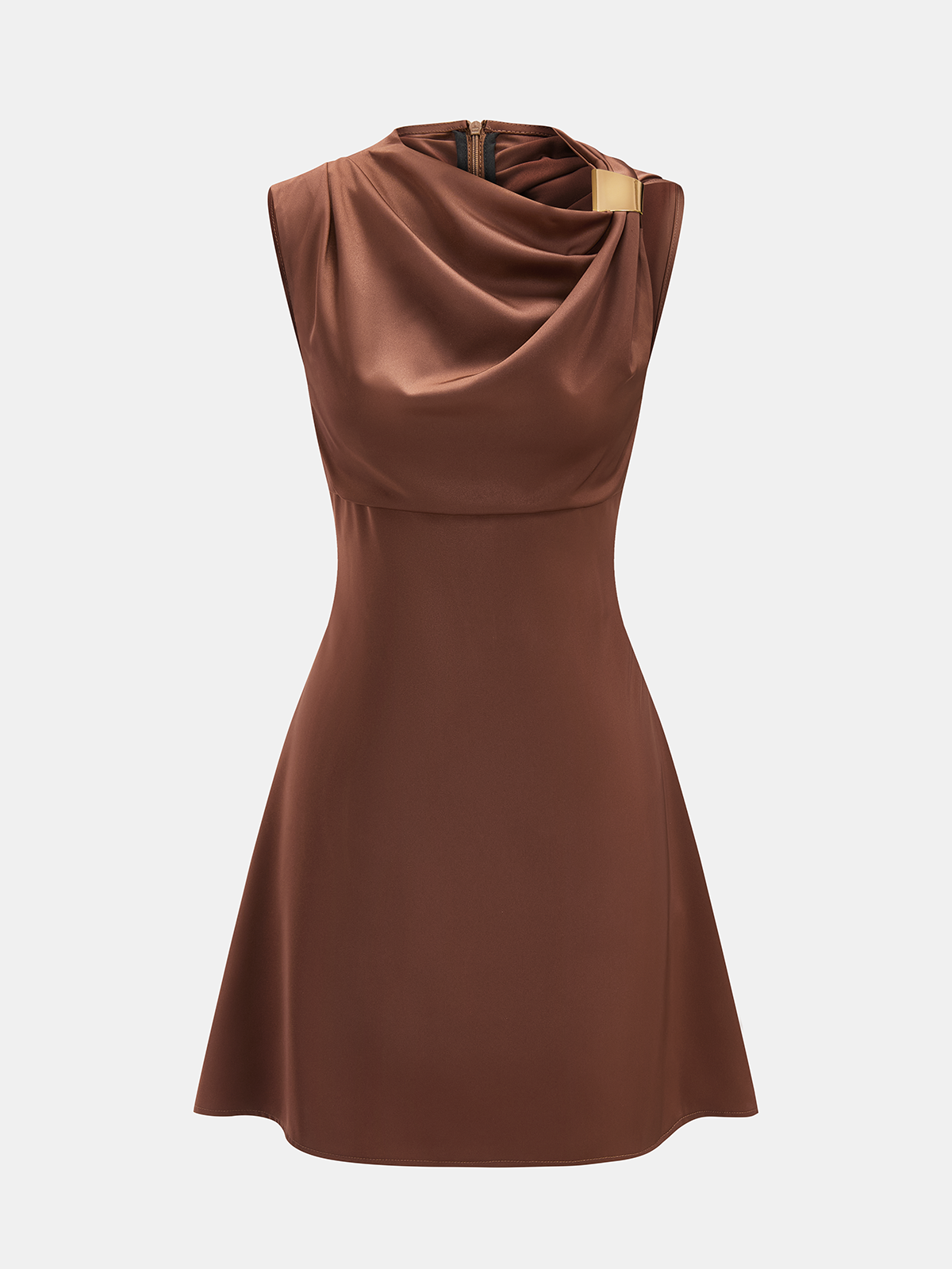 Knee-length brown satin cocktail dress with a sleeveless cowl neck and gold buckle detail.