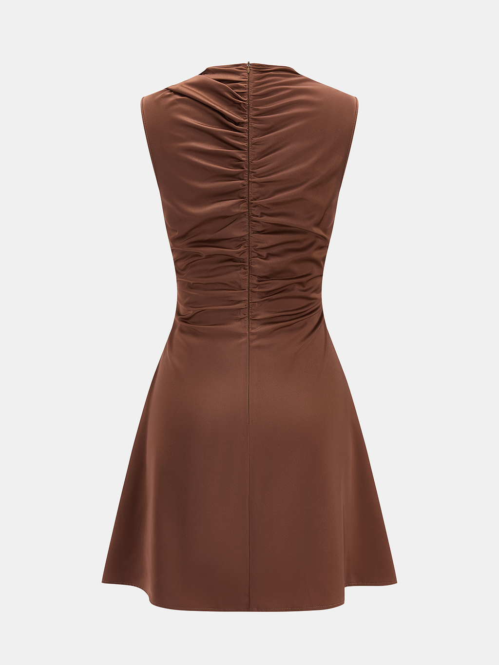 Brown satin cocktail dress with cowl neck, ruched back, fitted waist, and flared mini skirt.