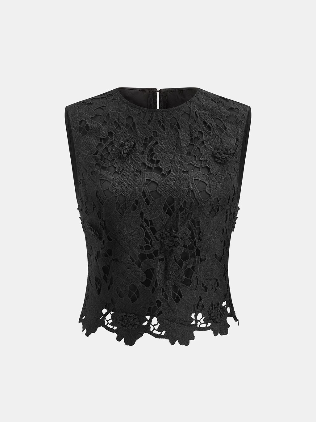 Sleeveless crop top with embellished floral lace details in a slim, tailored fit.