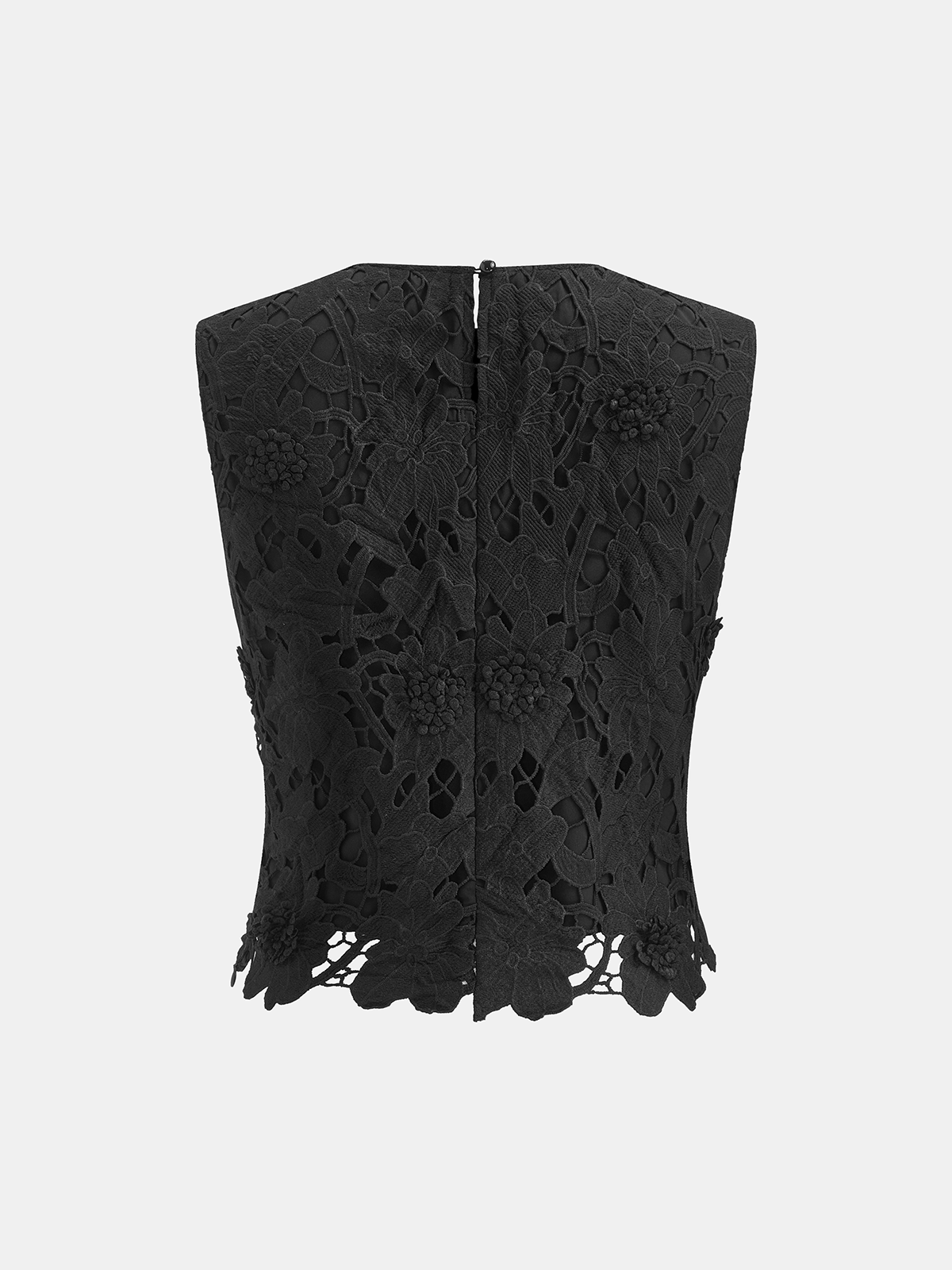 Sleeveless crop top with delicate floral lace, slim fit, and back zipper closure.