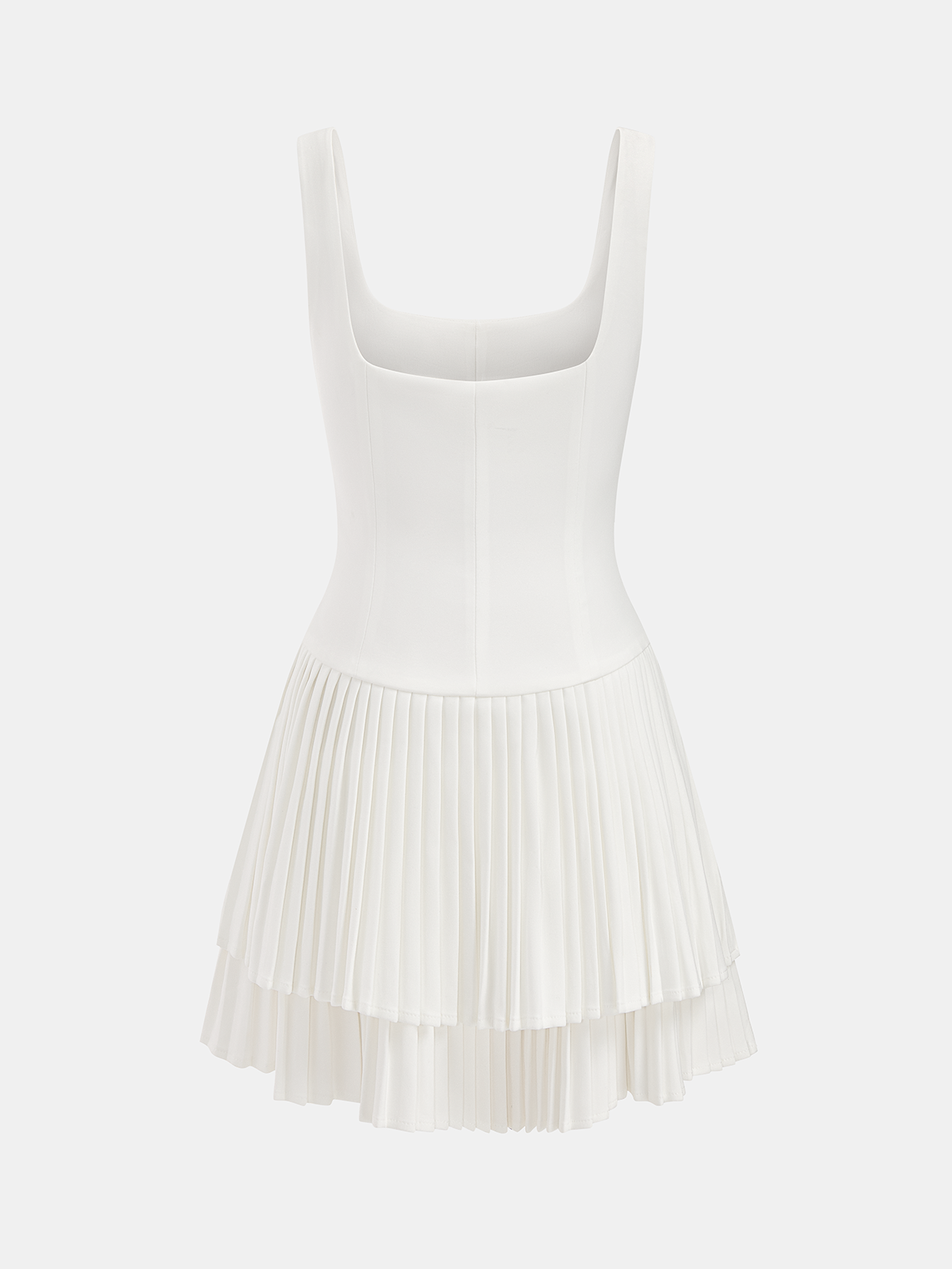 Chic white sleeveless mini dress with square neckline, fitted bodice, and layered pleated skirt.