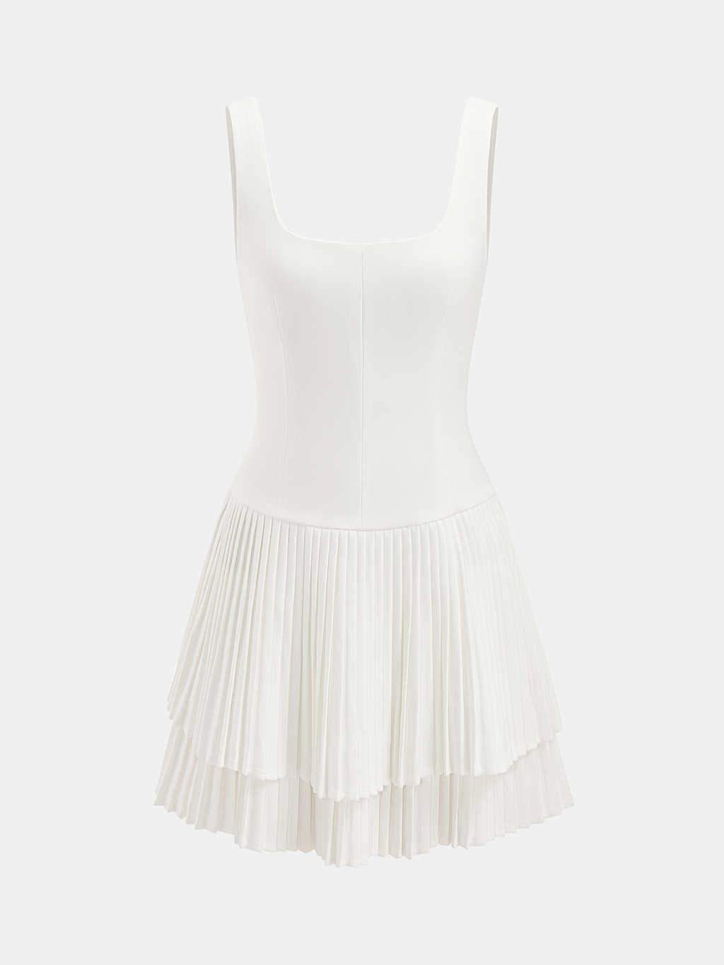 A chic, sleeveless white mini dress with wide straps and a layered pleated skirt.
