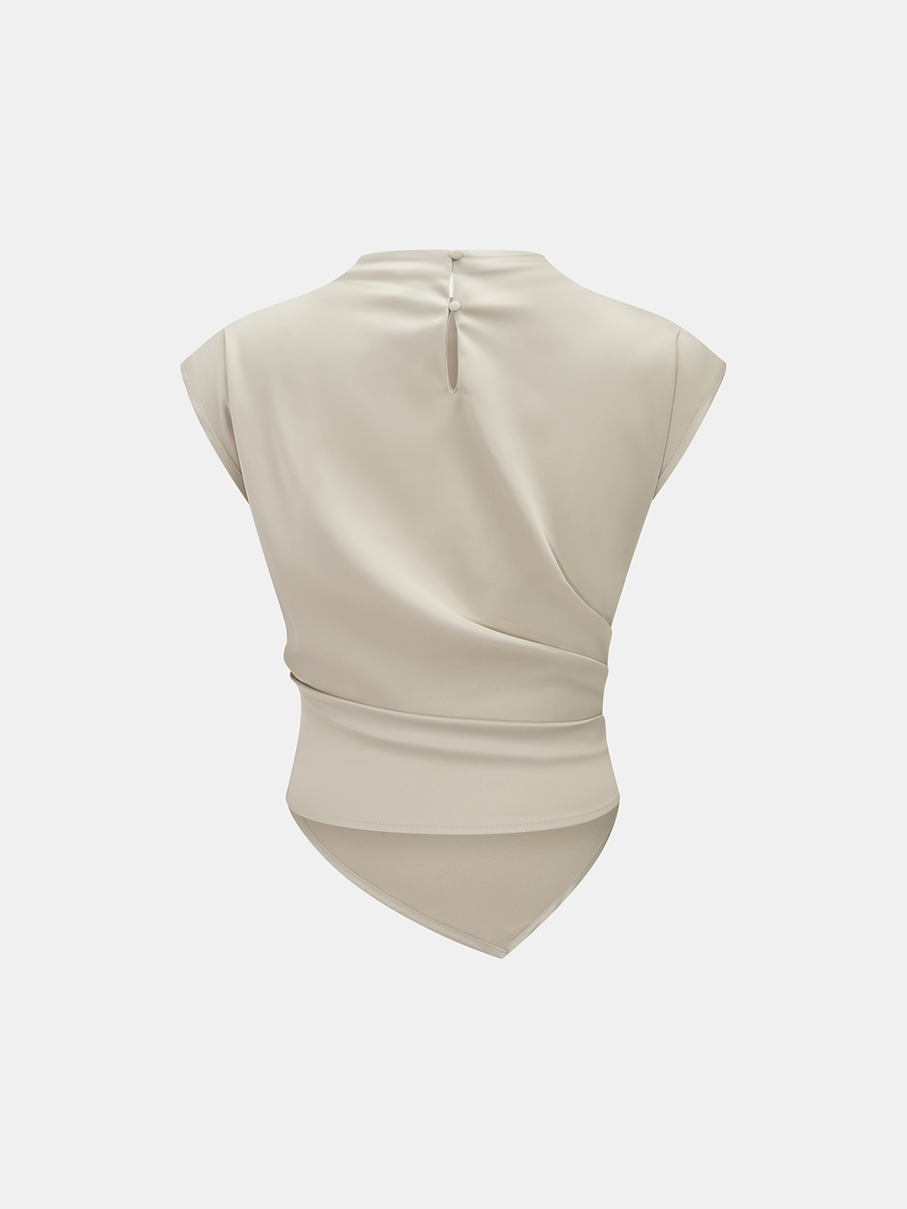 Sleeveless light beige satin blouse with draped ruched waist, asymmetrical hem, buttoned back.