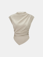 Asymmetrical Satin Blouse with Draped Ruched Detail