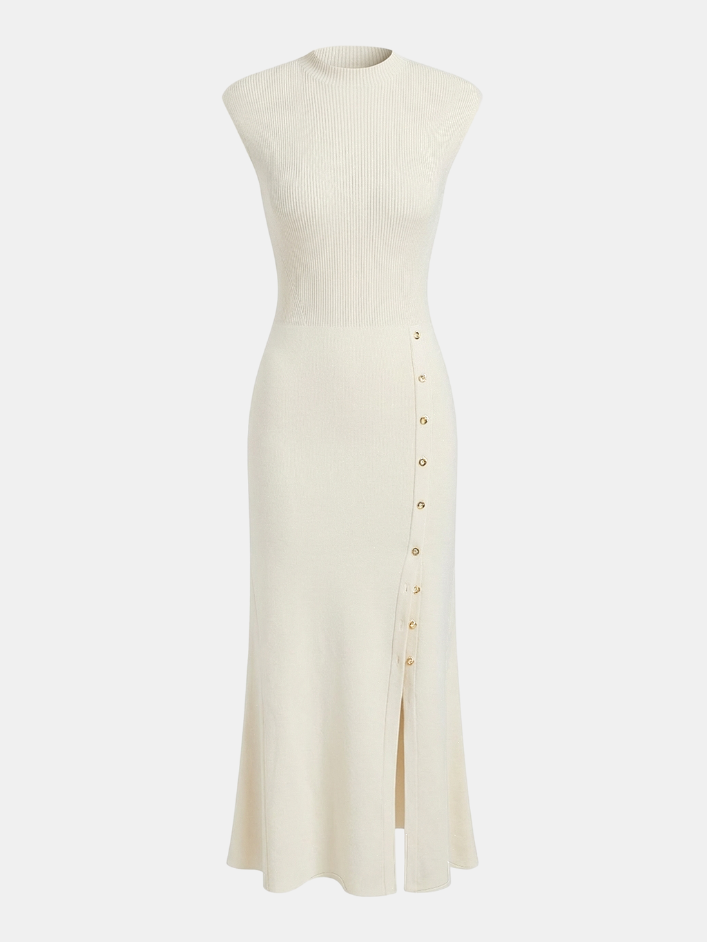 Cap sleeve ribbed knit maxi dress with flared skirt, side buttons, and front slit.