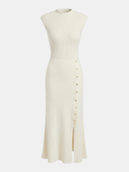 Cap sleeve ribbed knit maxi dress with flared skirt, side buttons, and front slit.