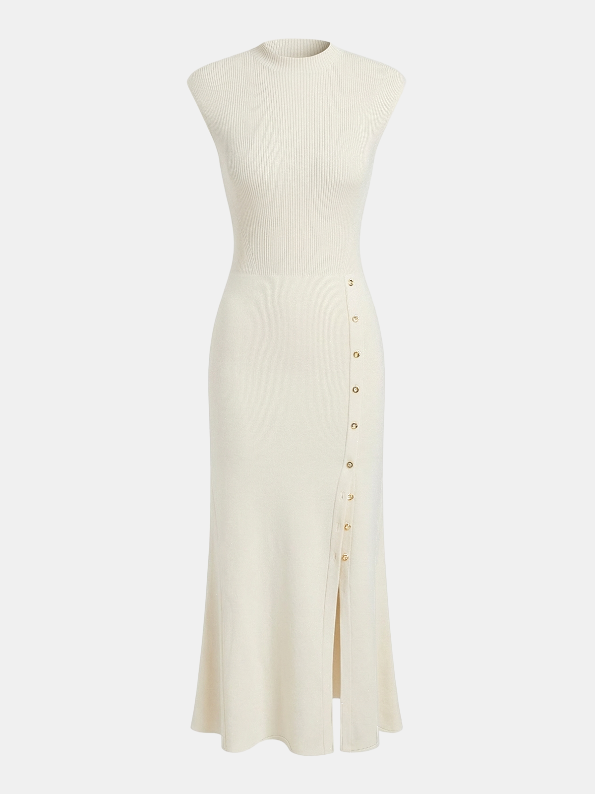 Cap sleeve ribbed knit maxi dress with flared skirt, side buttons, and front slit.