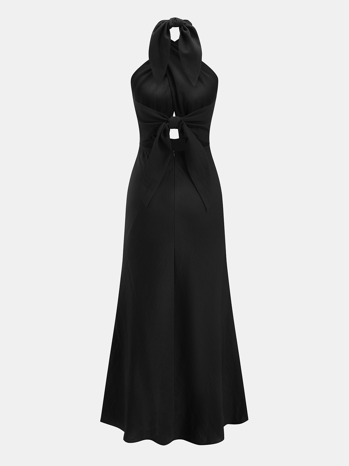 A sleeveless black maxi dress with halter neck cut-out, open back, and large bow ties.