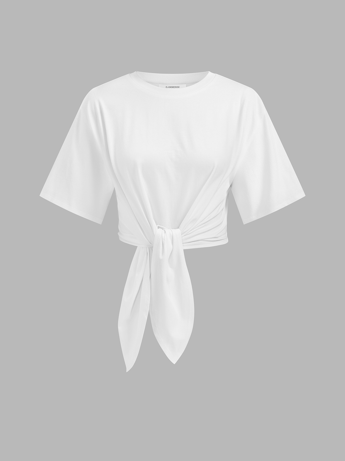 White regular-fit cotton crop top with short sleeves, crew neck, and front tie knot.
