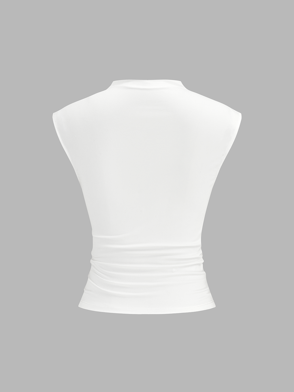 White sleeveless mock neck top with ruched midsection and fitted waist, shown from back.