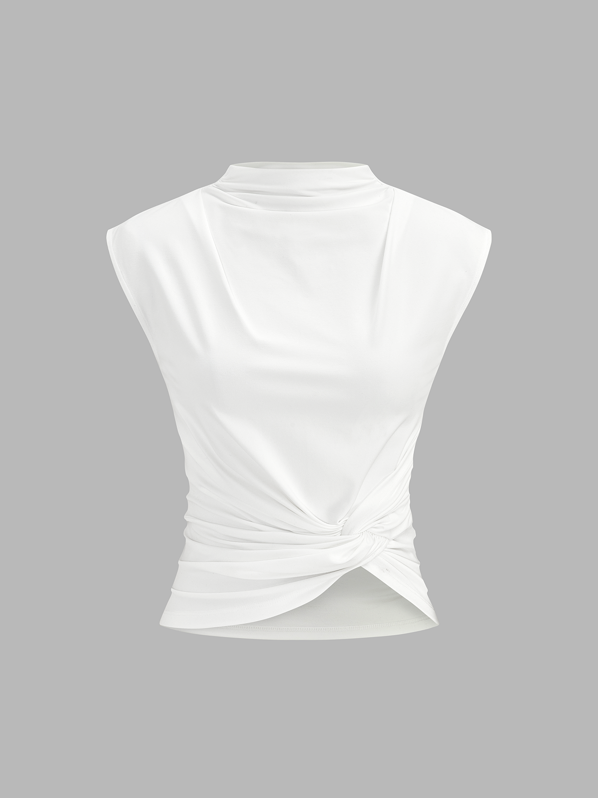 A white mock neck sleeveless top with ruched waist and sleek, flattering silhouette.