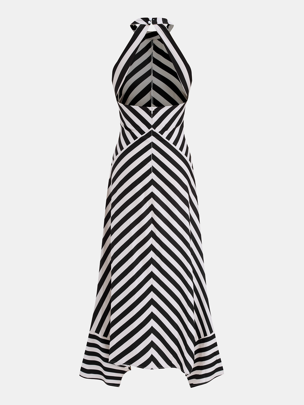 Black and white chevron striped halter neck maxi dress with open back and asymmetric hem.