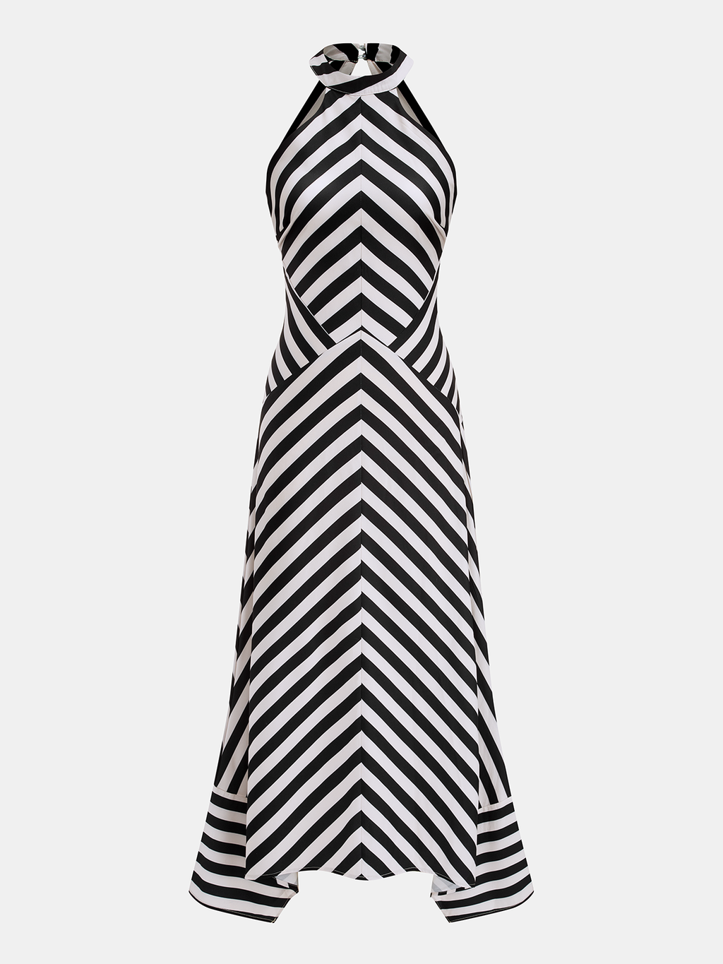 Halter neck striped maxi dress with black and white chevron pattern, fitted bodice, flared skirt.