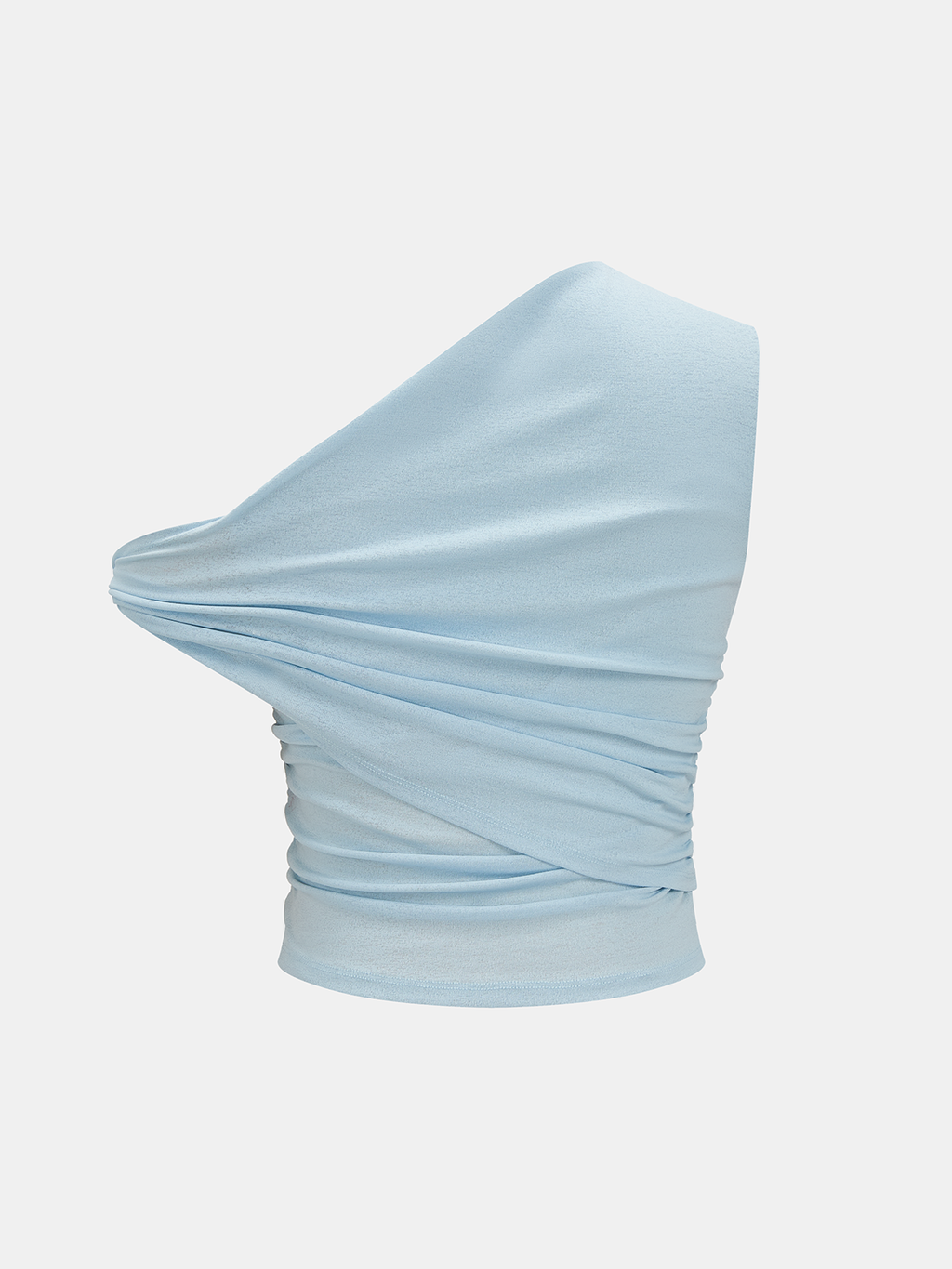 Light blue one-shoulder top with ruched details, slim fit, and elegant draping.