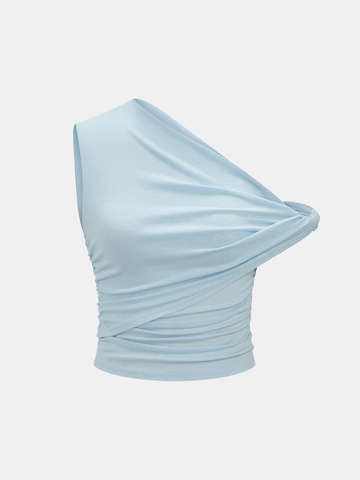Light blue, sleeveless one-shoulder top with asymmetrical neckline and ruched draping detail.
