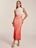 Sleeveless ruched mesh gradient bodycon midi dress with white-to-coral pink color fade.