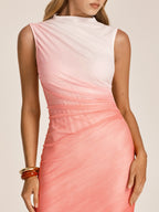 Sleeveless LA FINE FLEUR Ruched Mesh Midi Dress with a white-to-pink-and-coral gradient.