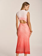 Sleeveless bodycon midi dress with ruched mesh, pink-to-white ombre, and a back cutout.