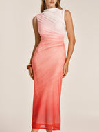 Sleeveless midi bodycon dress with ruched mesh and gradient from white to pink red.