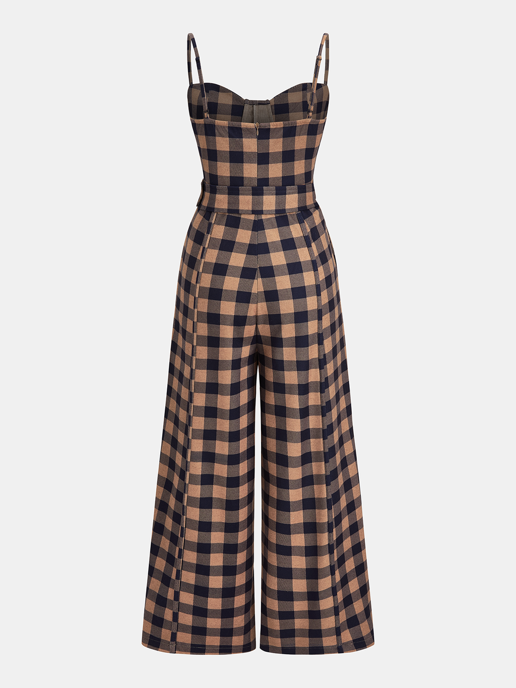 A plaid wide-leg jumpsuit with a belted cami top, tailored and sleeveless design.