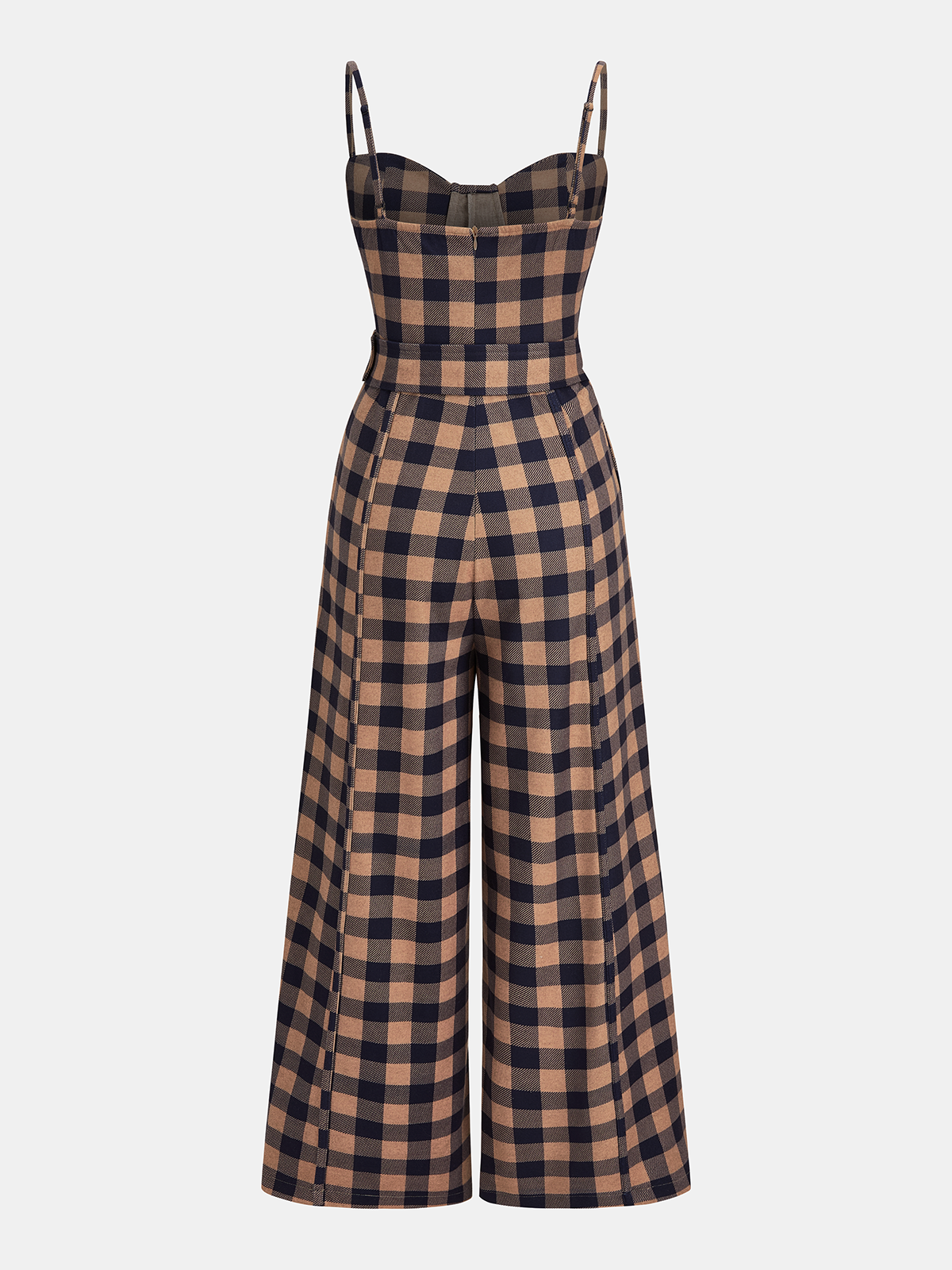 A plaid wide-leg jumpsuit with a belted cami top, tailored and sleeveless design.