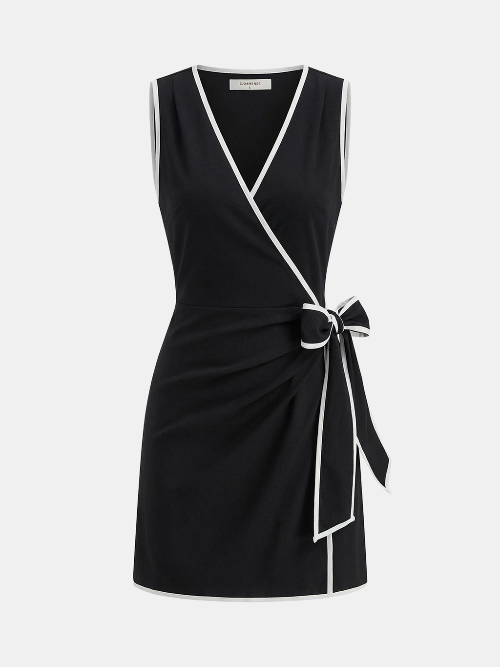 Black linen-blend mini wrap dress with contrast trim, V-neckline, sleeveless, and side waist bow.