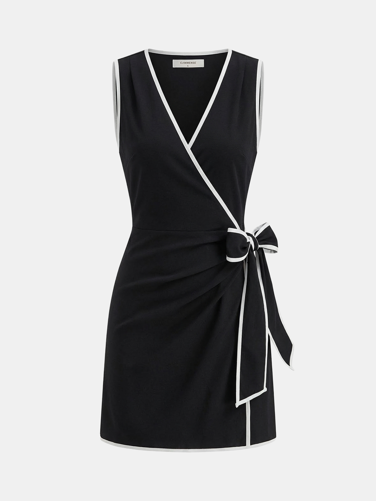 Black linen-blend mini wrap dress with contrast trim, V-neckline, sleeveless, and side waist bow.