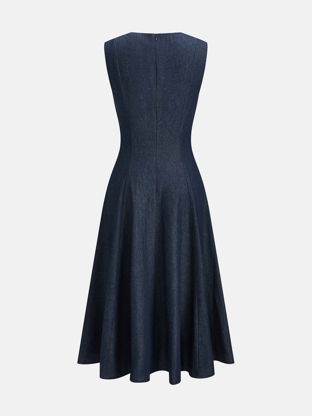 Sleeveless midi dress with fitted bodice, flared skirt, dark denim, and center seam.