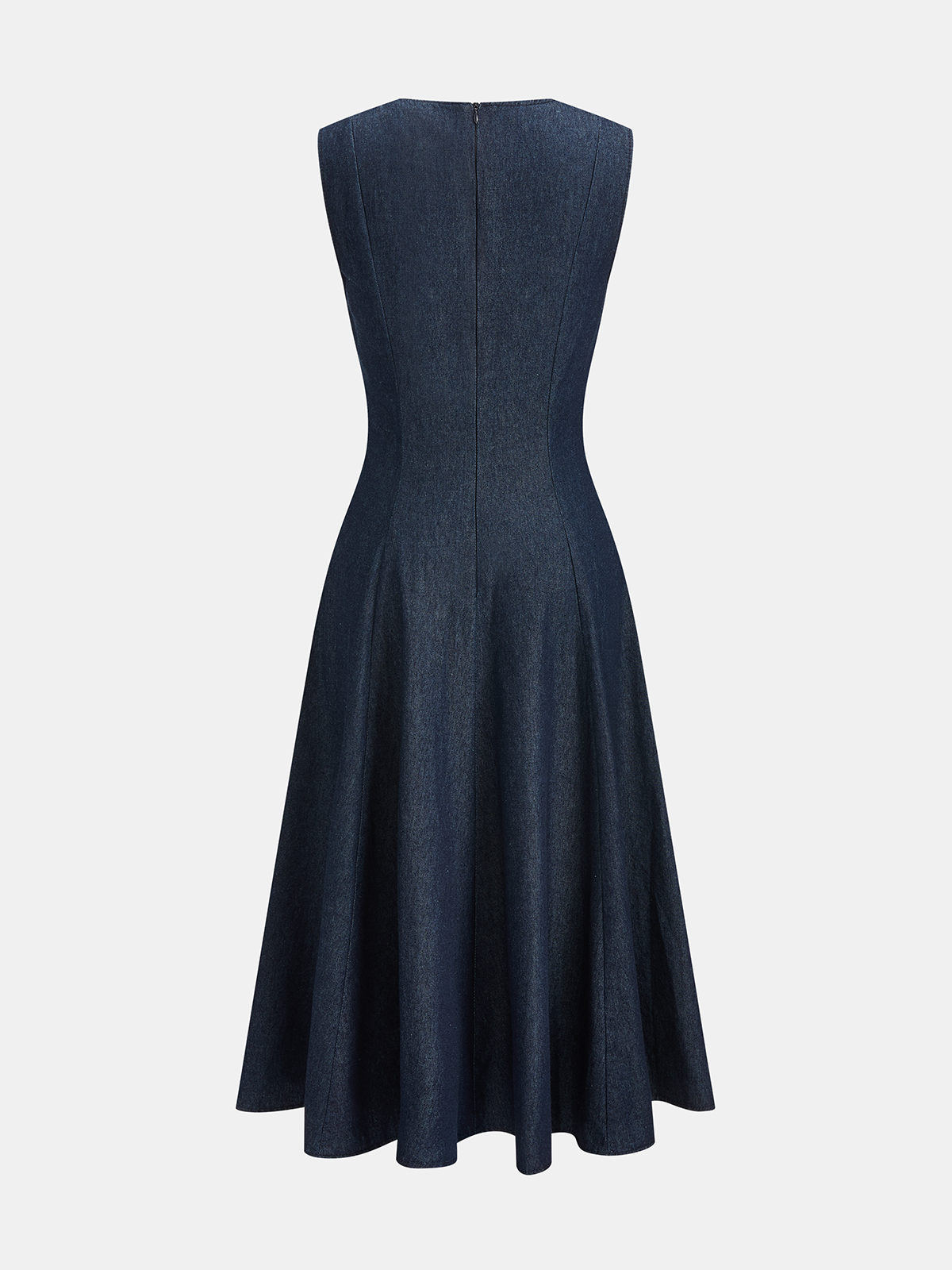 Sleeveless midi dress with fitted bodice, flared skirt, dark denim, and center seam.