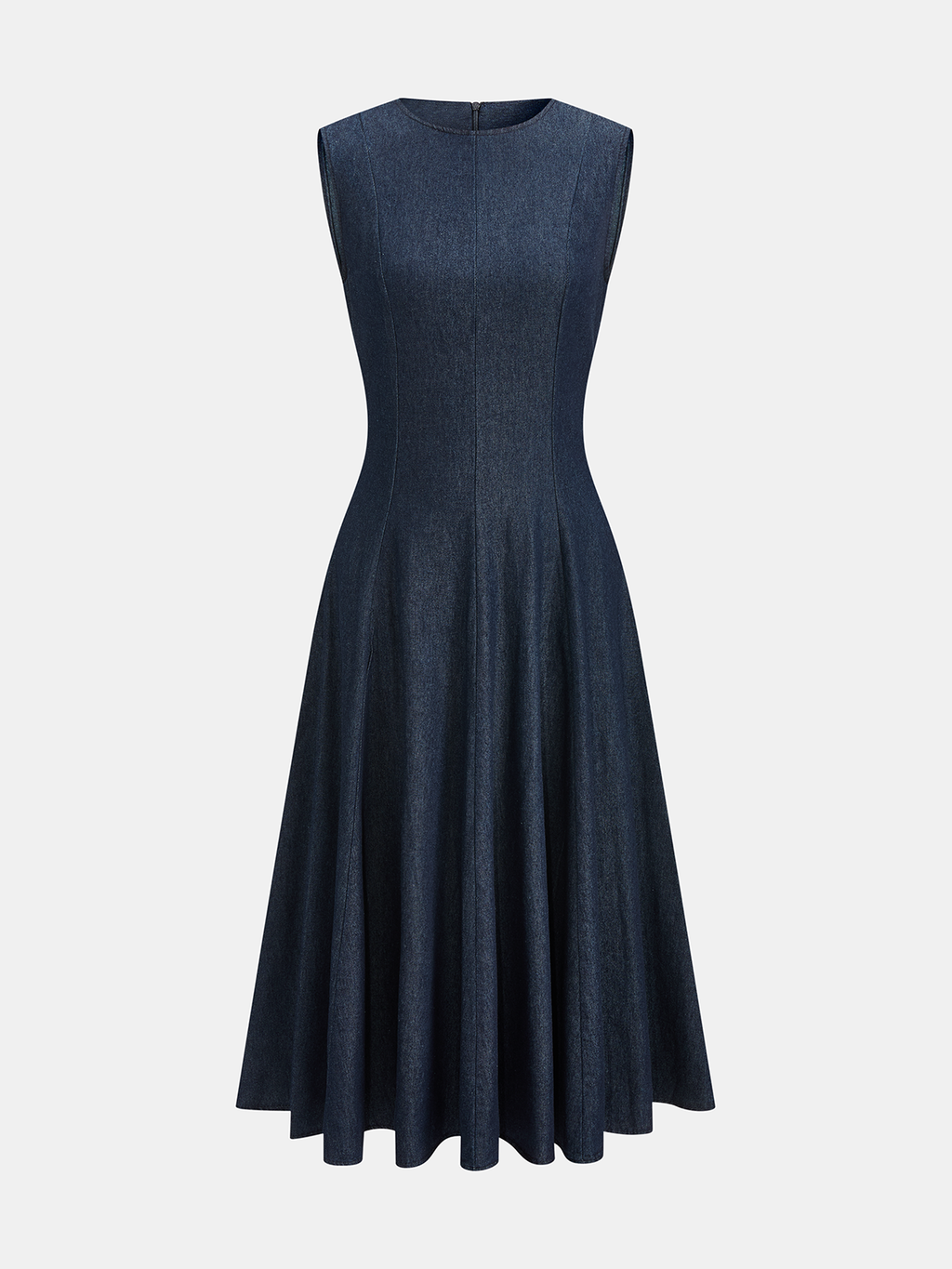 Sleeveless midi dress with a fitted bodice and flared, knee-length denim skirt.