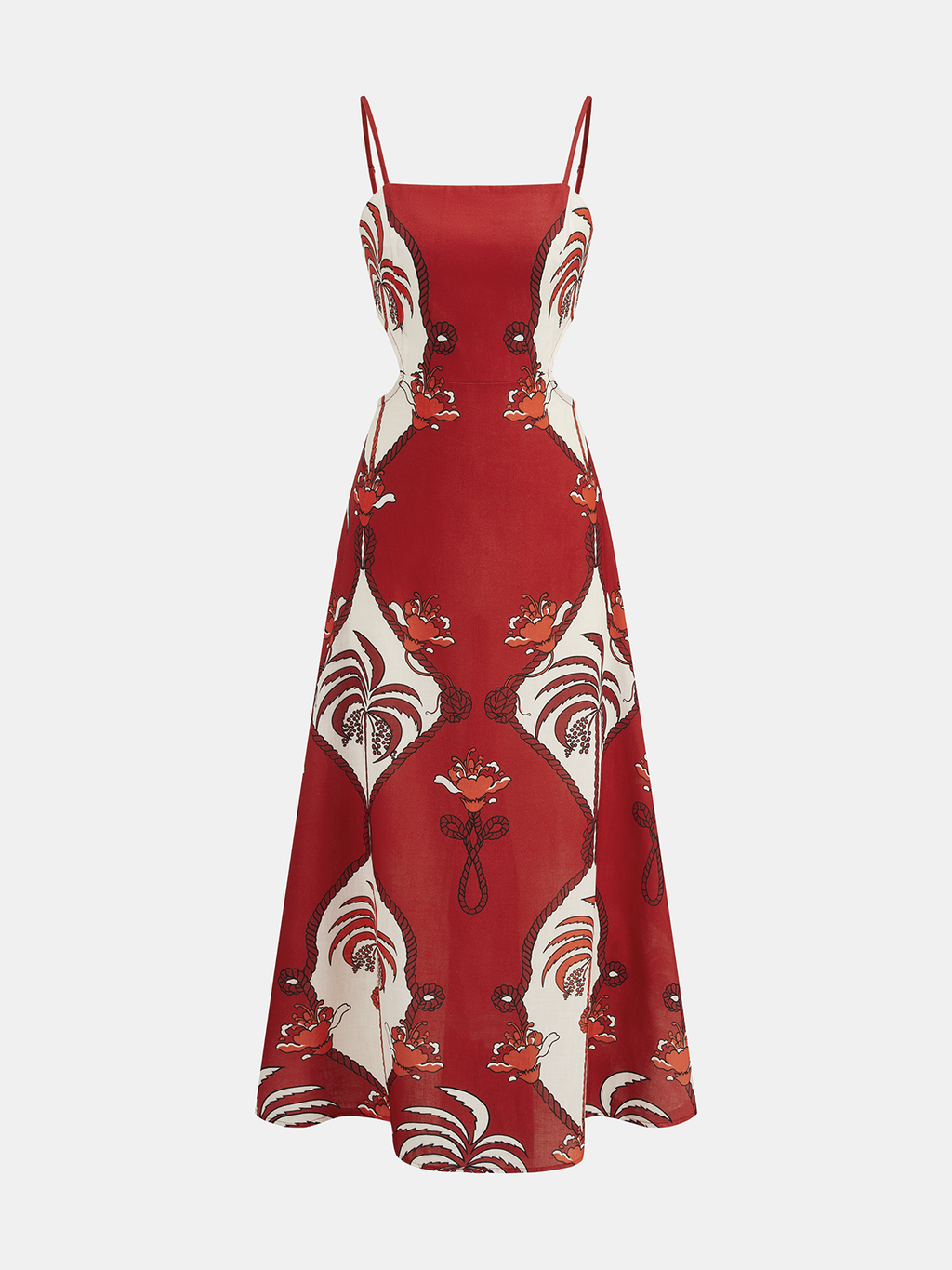 Sleeveless tropical print cami dress with cut-out, adjustable straps, and flared maxi skirt.