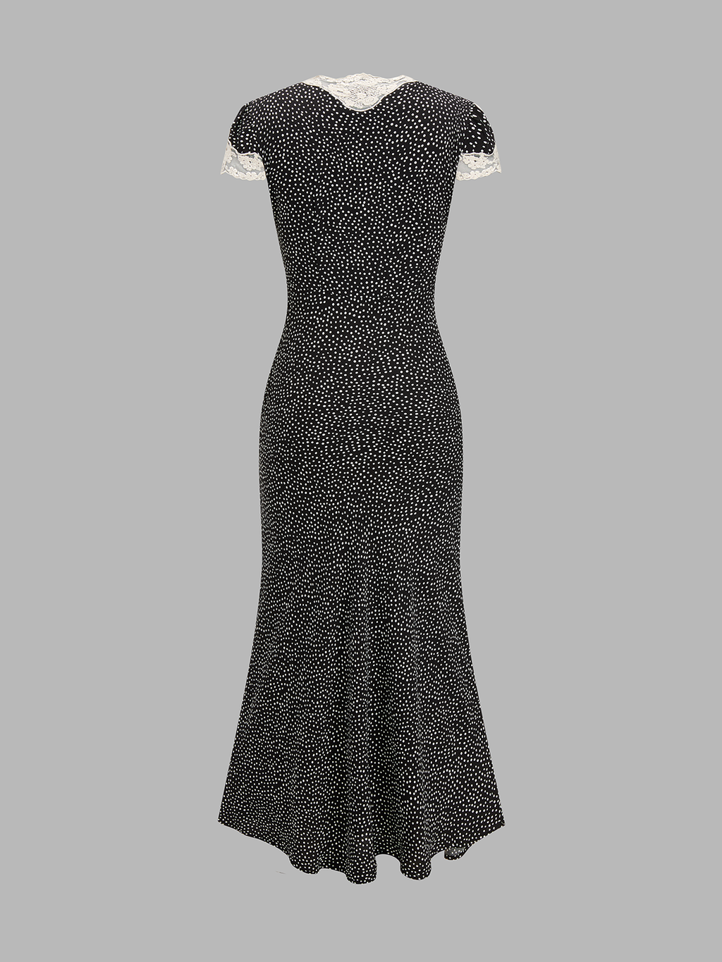 Black midi dress with lace-trimmed short sleeves, V-neckline, and small white polka dots.