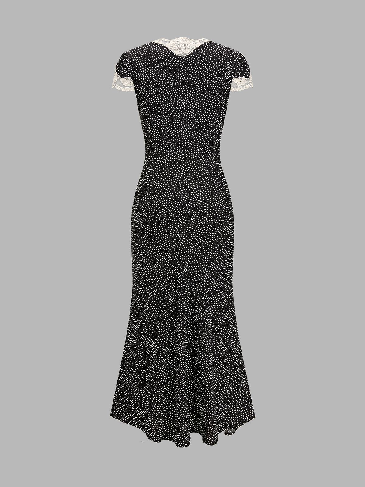 Black midi dress with lace-trimmed short sleeves, V-neckline, and small white polka dots.