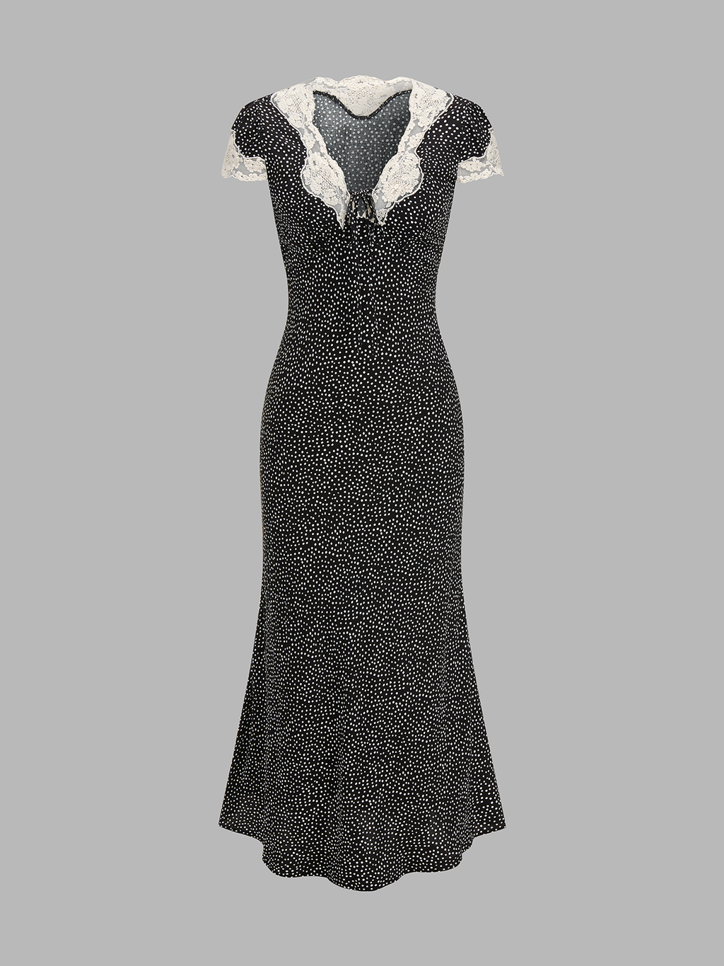 A lace-trimmed, polka dot V-neck midi dress with short sleeves and a flared skirt.