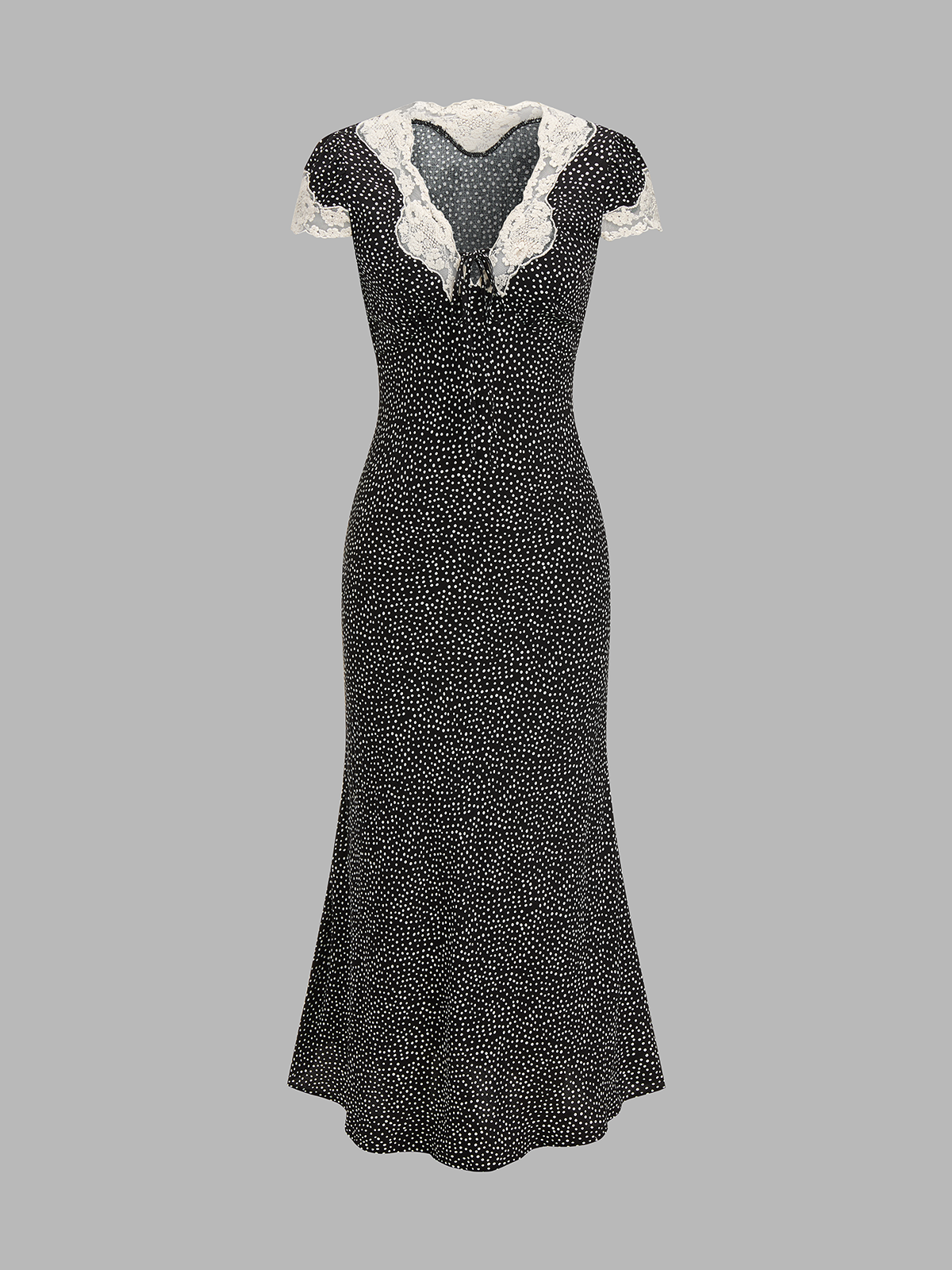 A lace-trimmed, polka dot V-neck midi dress with short sleeves and a flared skirt.