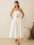 A strapless cotton-linen maxi dress with belt, designed by LA FINE FLEUR.