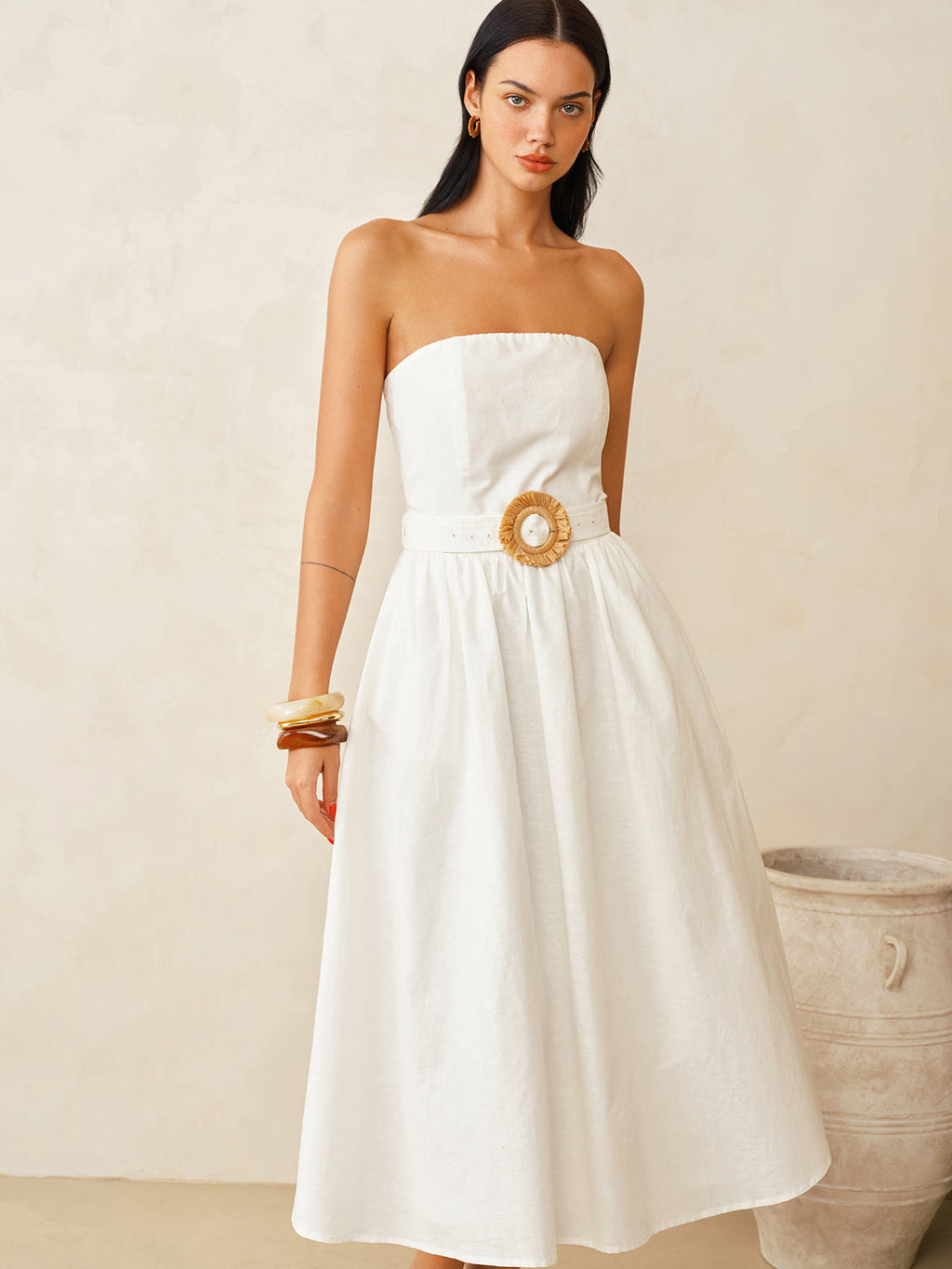 The LA FINE FLEUR cotton linen strapless maxi dress with belt and flared skirt.