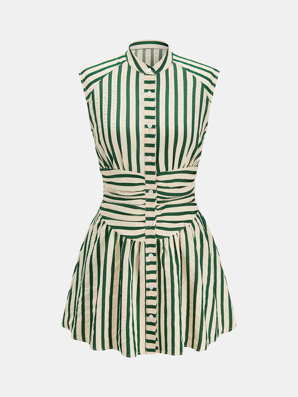 Sleeveless mini dress with green stripes, stand collar, button front, fitted waist, flared skirt.