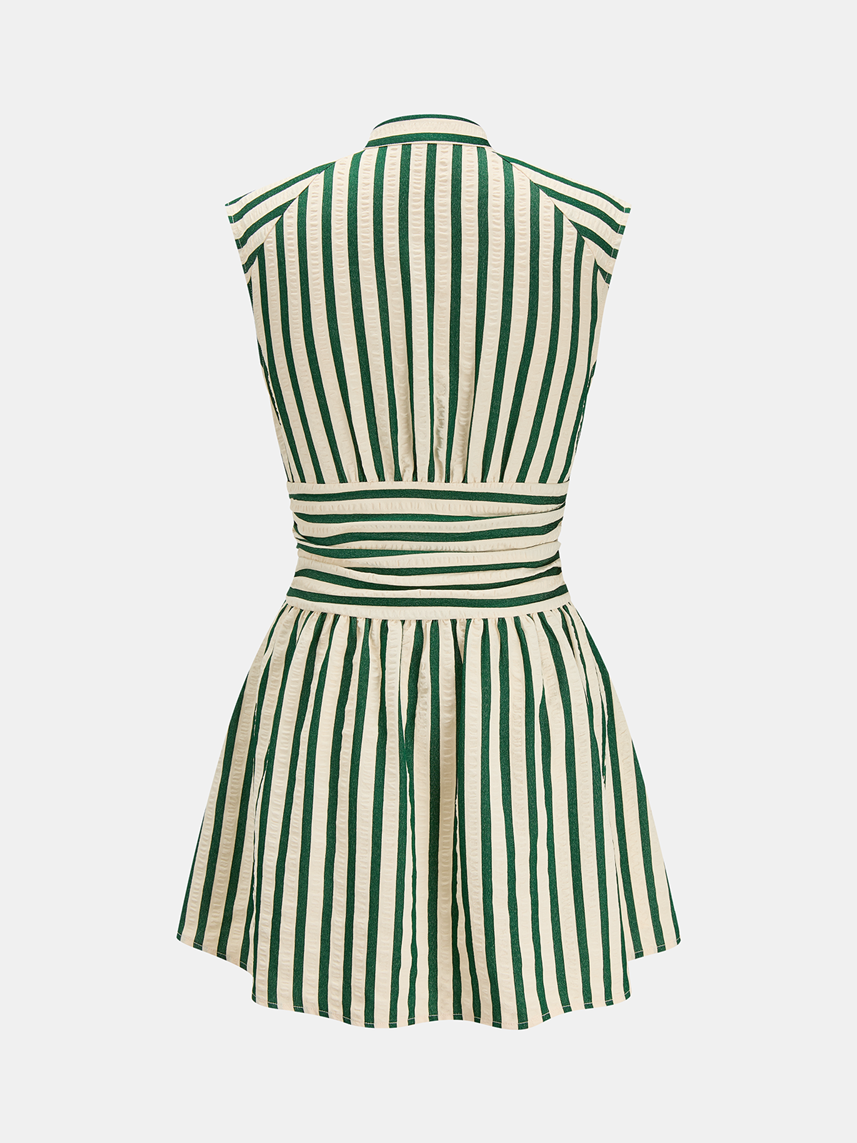 Sleeveless mini dress with stand collar, green stripes, flared skirt, fitted waist.