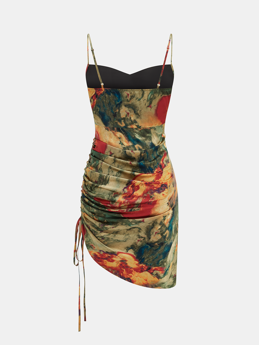 A slim-fit mini dress with spaghetti straps, side ruching, and a colorful marble print.