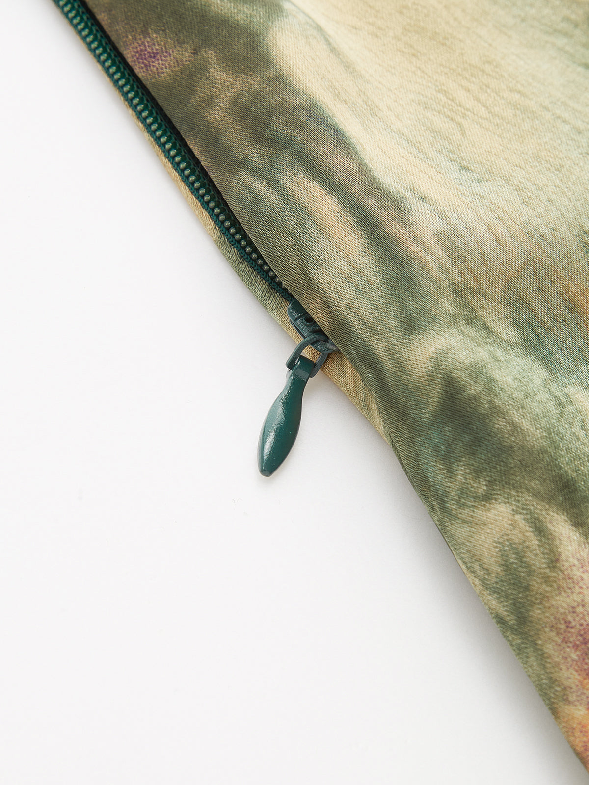 Green zipper detail on green and beige tie-dye Abstract Ruched Drawstring Cami Mini Dress.