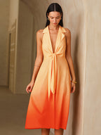 LA FINE FLEUR Gradient Halter Neck Midi Dress with Tie Detail, featuring a flowing silhouette.
