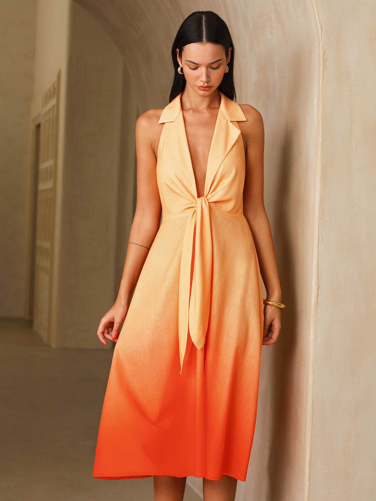 LA FINE FLEUR Gradient Halter Neck Midi Dress with Tie Detail, featuring a flowing silhouette.