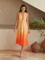 Gradient halter neck midi dress with tie detail by LA FINE FLEUR, sleeveless, flowy.