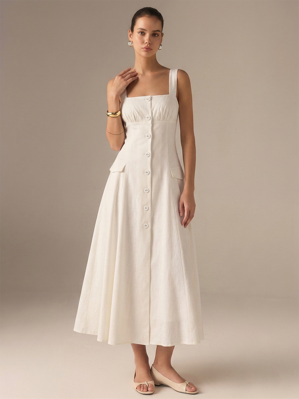 LA FINE FLEUR Cotton Blend Maxi Dress featuring a button-front closure and simple elegance.