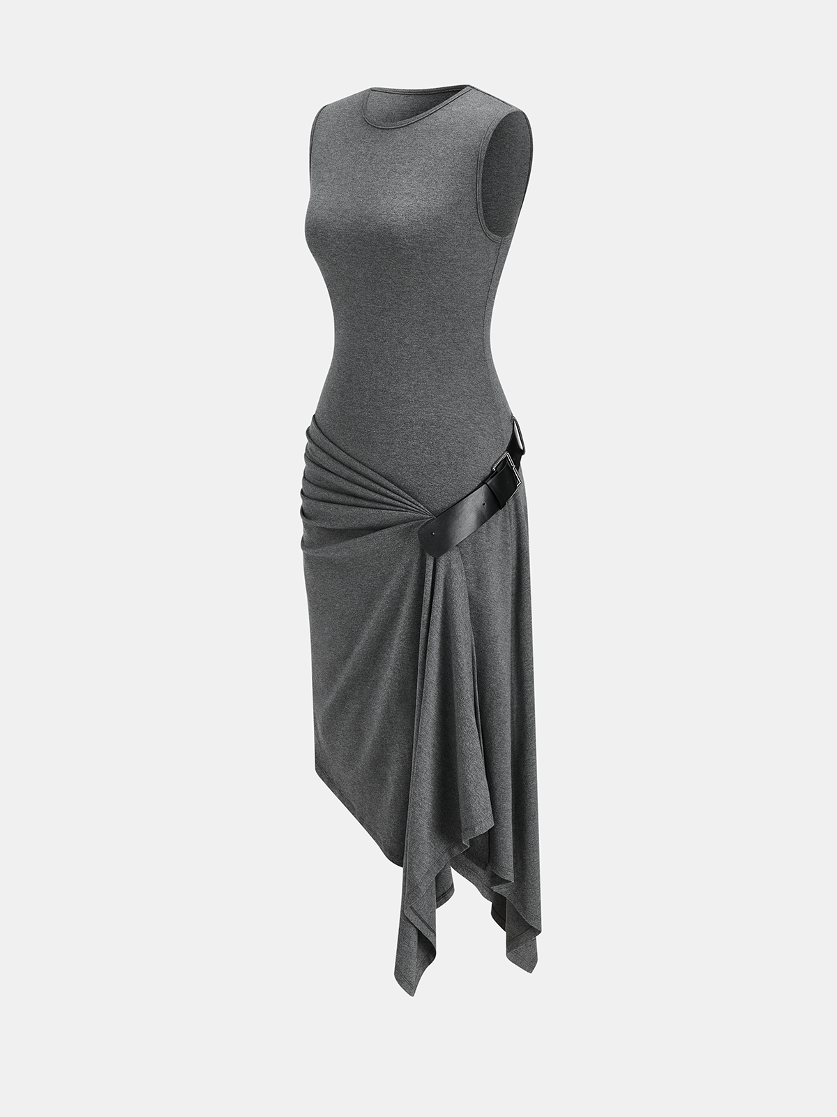 Sleeveless ruched heather gray jersey dress with belted asymmetrical hem and side ruching.