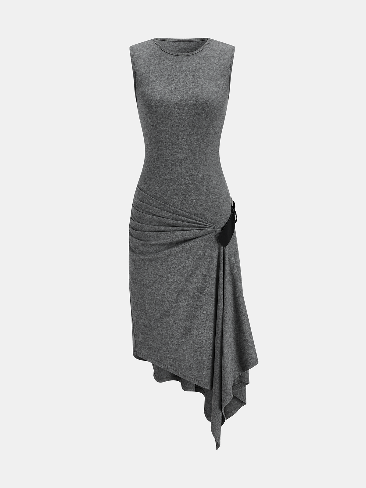 Sleeveless ruched dress with slim fit, round neckline, belted waist, and asymmetrical draped hem.