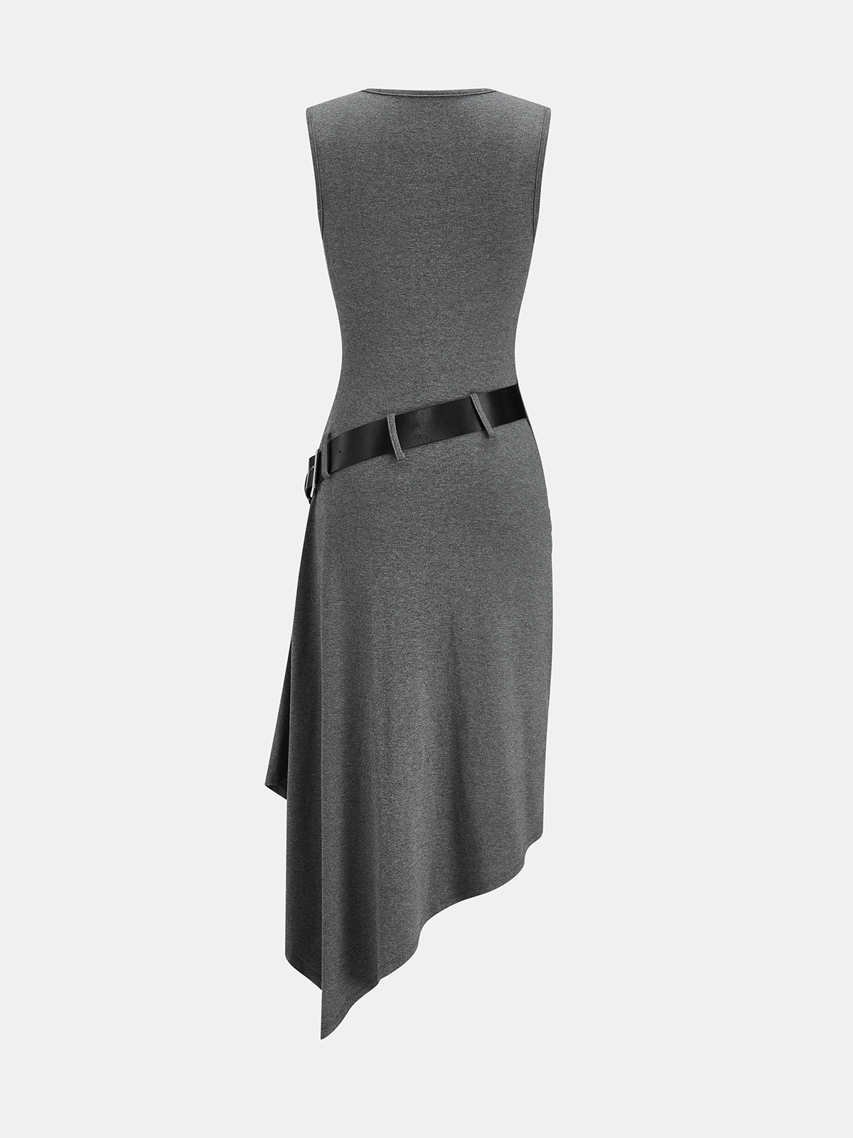 Sleeveless ruched dress with belted asymmetrical hem and black metallic-buckle belt at waist.