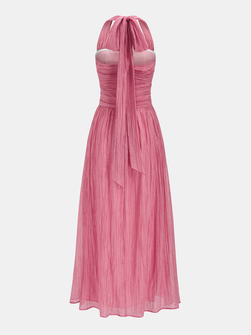 Textured pink halter maxi dress with crinkled design, ruched bodice, sheer flowy fabric.